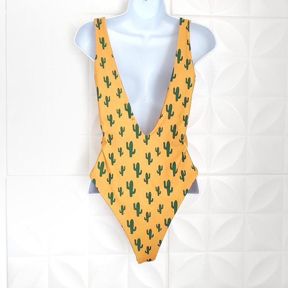 Saguaro Cactus Swimsuit Bodysuit Mustard Yellow High Leg One Piece 8 - Picture 4 of 9
